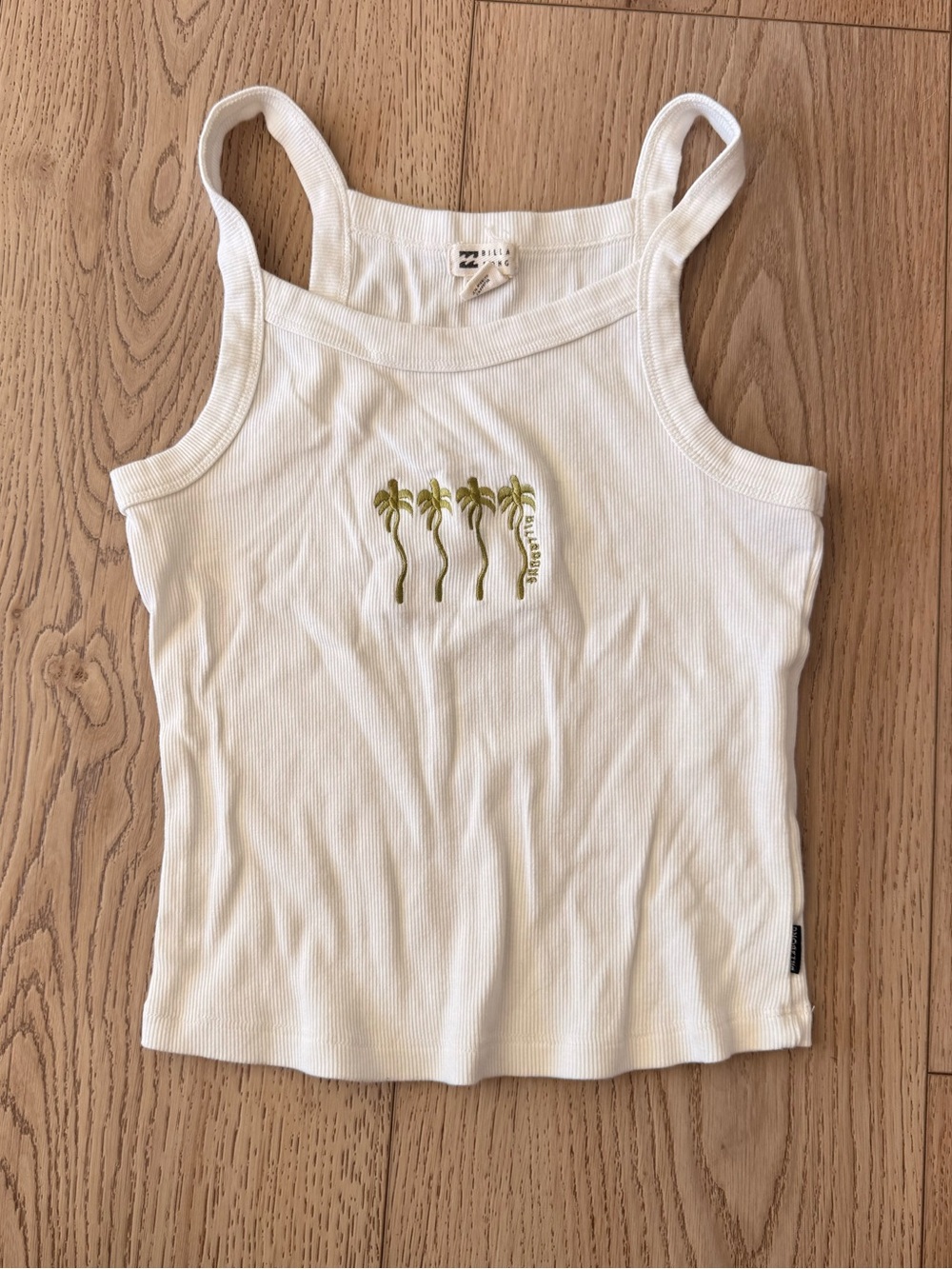 Billabong White Ribbed Palm Tank Top - Green Embroidery